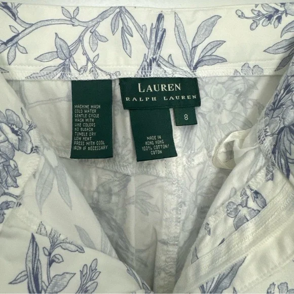 Ralph Lauren—White and Blue Floral Bird Cropped Trousers - Picture 6 of 8